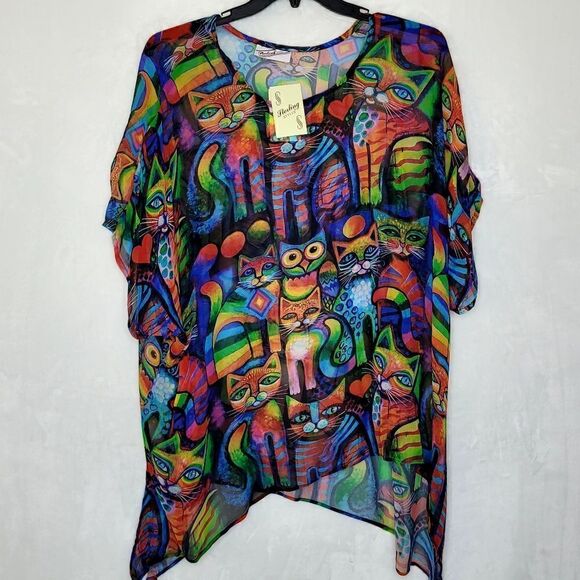 Sterling Styles Wearable Art The Owl and The Cat Sheer Top - Picture 1 of 9